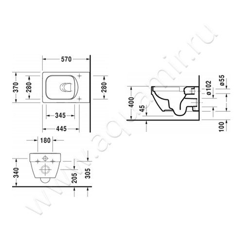 Унитаз подвесной Duravit VERO AIR 2525090000 размеры